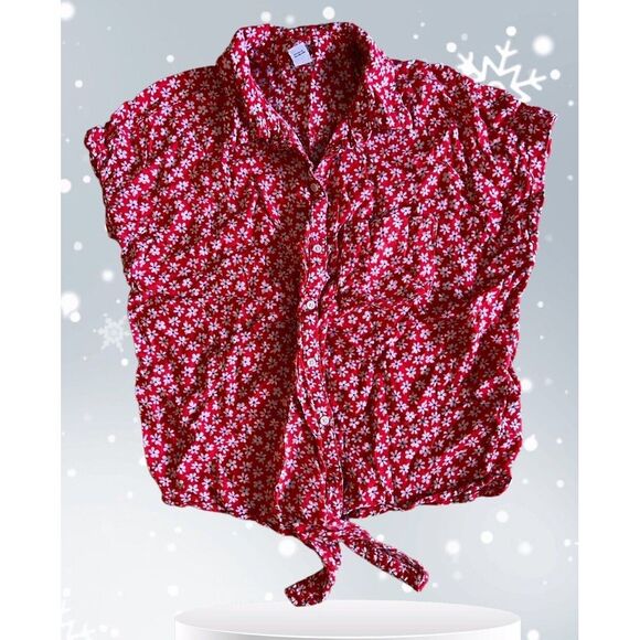 Old Navy Women's Linen Blend Top Red White Blue Front Tie  Short Sleeve Med EUC - Picture 2 of 13